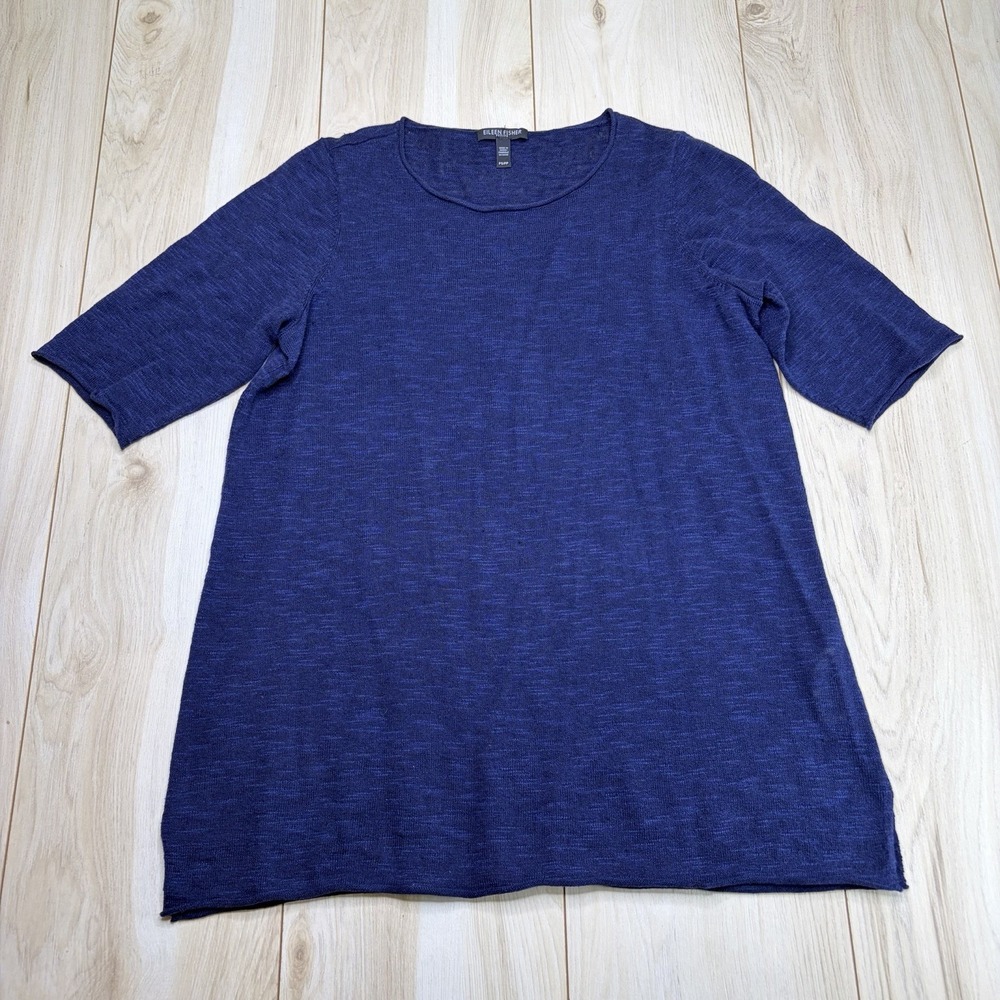 Eileen Fisher Women's Open Knit Linen Cotton Pullover Sweater Blue Size Petite